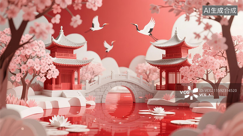 【AI数字艺术】樱花庭院与红亭倒影图片素材