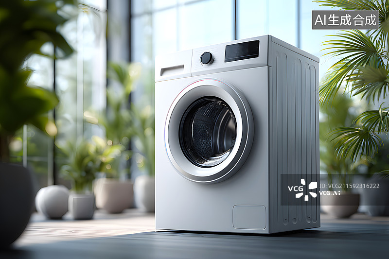 【AI数字艺术】阳光明媚的房间里放着一台洗衣机图片素材
