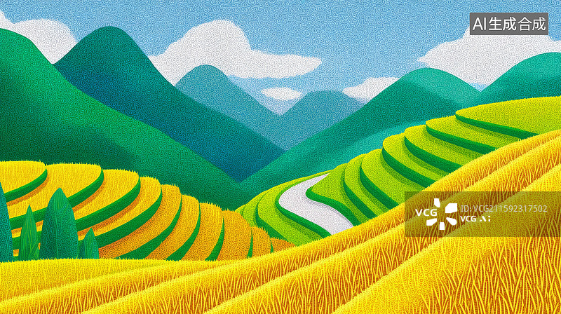 【AI数字艺术】金黄碧绿的梯田山景图片素材