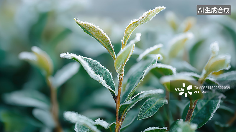 【AI数字艺术】霜覆盖的嫩绿叶片图片素材