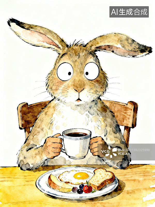 【AI数字艺术】兔子先生吃早餐手绘插画图片素材
