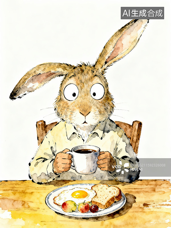 【AI数字艺术】兔子先生吃早餐手绘插画图片素材