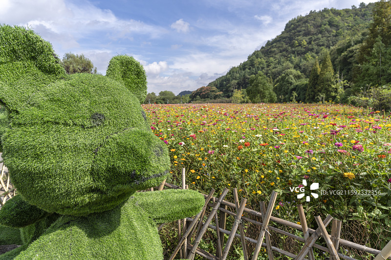 贵阳花溪十里河滩景观：绿萌小熊与缤纷花海图片素材