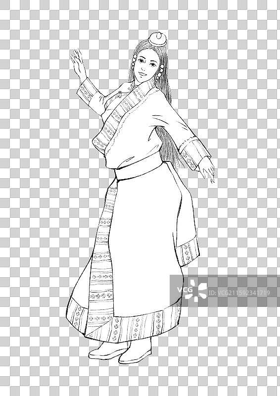 56民族，藏族，锅庄舞，线稿。图片素材