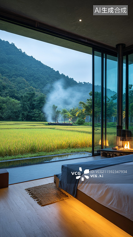 【AI数字艺术】现代田园卧室山景图片素材