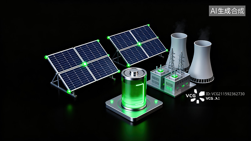 【AI数字艺术】太阳能发电站配备火力发电厂和圆柱形电池系统绿色发光元素黑色背景可再生能源现代科技概念图新质生产力图片素材