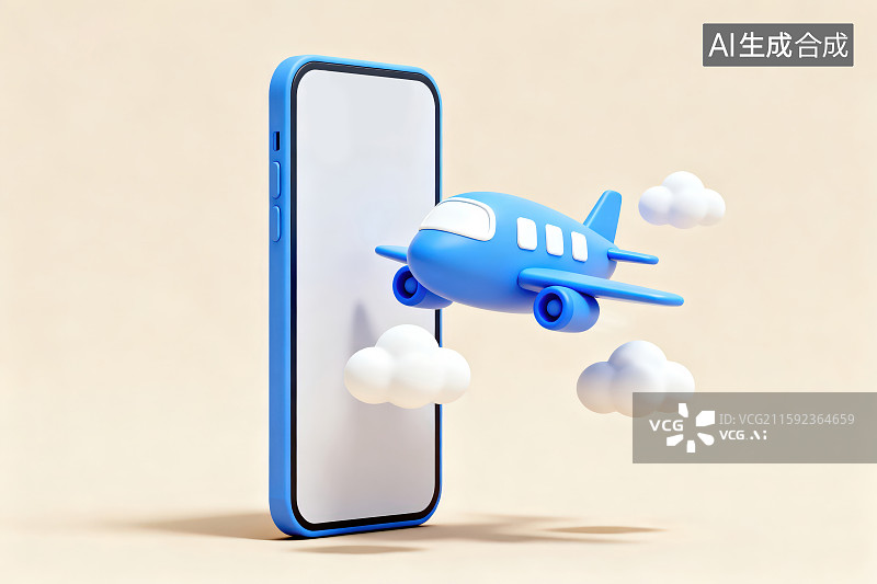 【AI数字艺术】纯色背景下悬浮着的手机旁边有卡通飞机和云朵，节假日出行搭乘交通工具飞机与旅游旅行主题概念图片素材