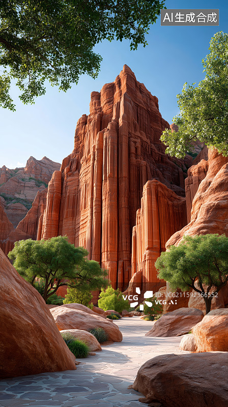 【AI数字艺术】沙漠石塔与红岩峡谷图片素材