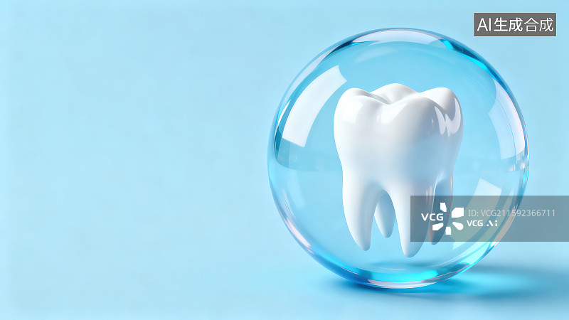 【AI数字艺术】蓝色背景下球形透明玻璃材质中一颗牙齿模型图片素材