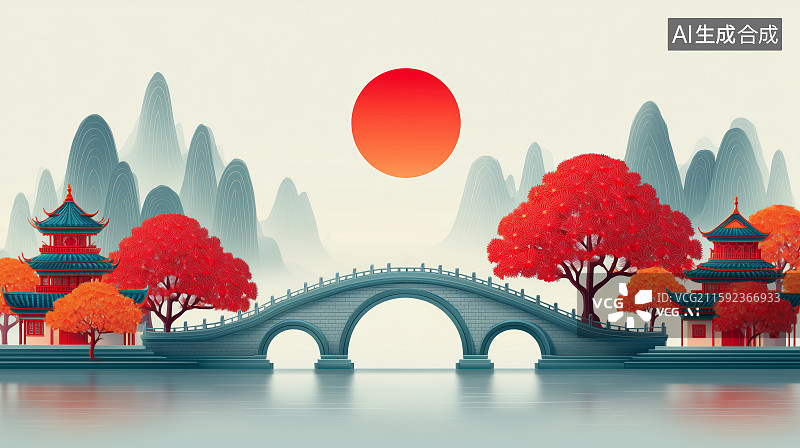 【AI数字艺术】红树拱桥映水中风景图片素材