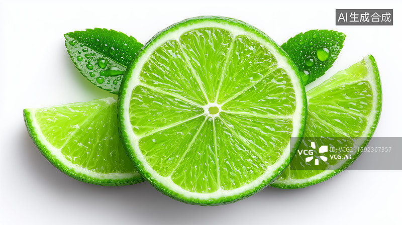 【AI数字艺术】新鲜青柠切片与绿叶水滴特写图片素材