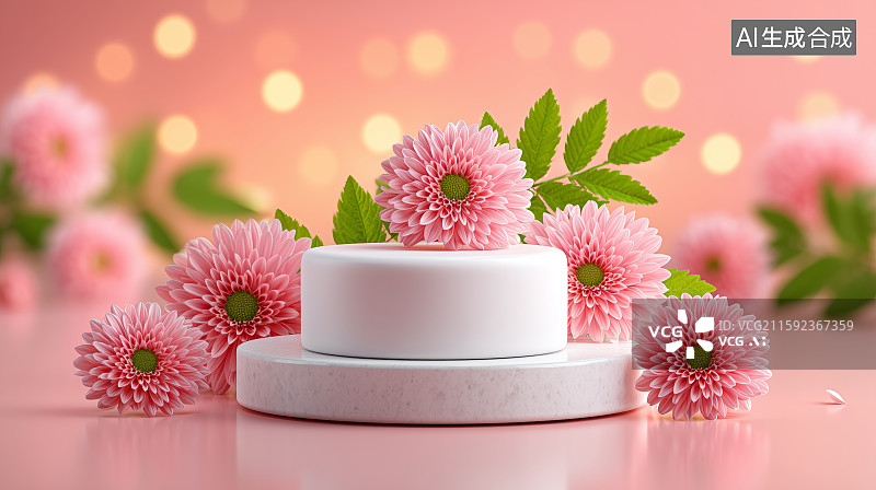 【AI数字艺术】双层大理石展示台配绿叶与粉色花朵图片素材