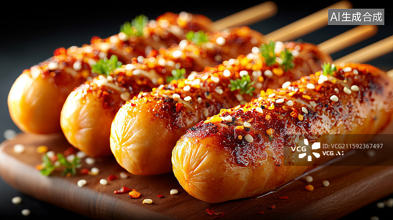 【AI数字艺术】香辣烤肠串撒满调料与芝麻图片素材