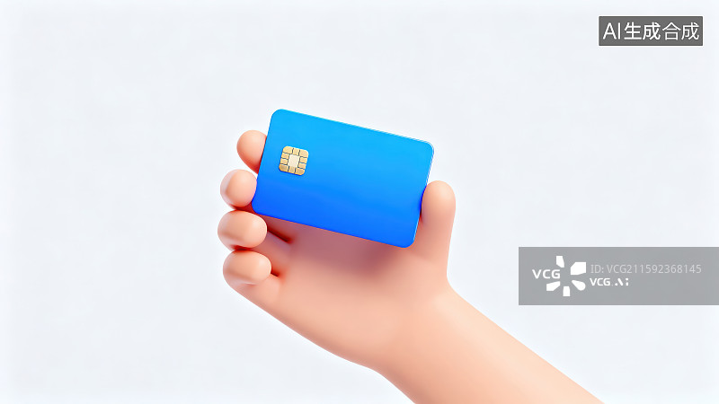 【AI数字艺术】纯色背景下卡通人物一只手拿着张带芯片的蓝色银行卡信用卡会员卡图片素材
