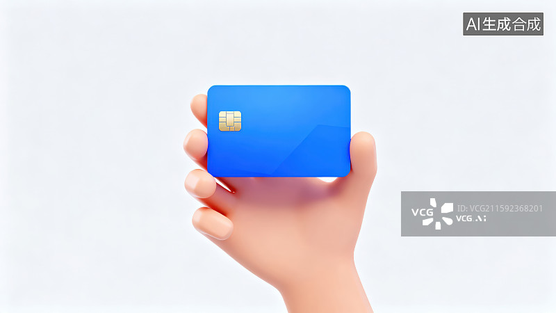 【AI数字艺术】纯色背景下卡通人物一只手拿着张带芯片的蓝色银行卡信用卡会员卡图片素材