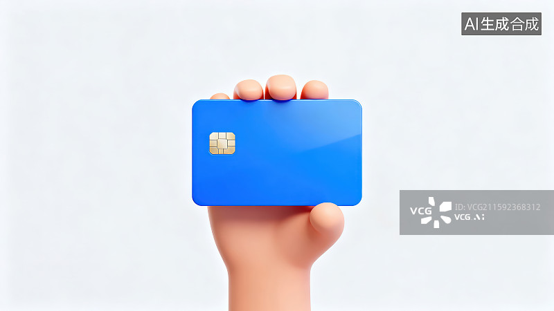 【AI数字艺术】纯色背景下卡通人物一只手拿着张带芯片的蓝色银行卡信用卡会员卡图片素材