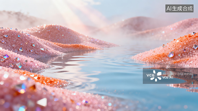 【AI数字艺术】梦幻粉晶盐滩：晶亮水域的治愈自然奇景图片素材