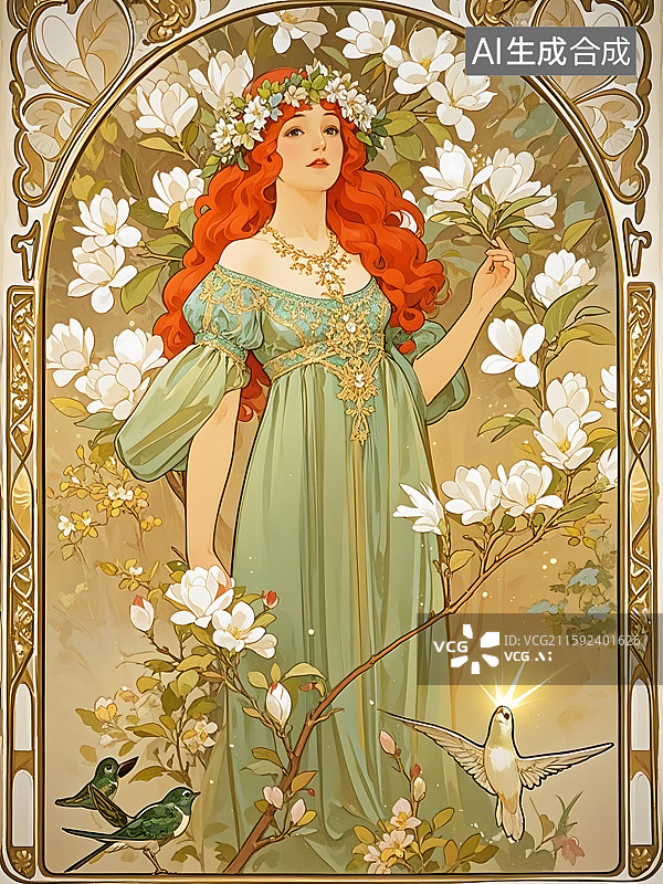 【AI数字艺术】春日女神与花鸟图片素材