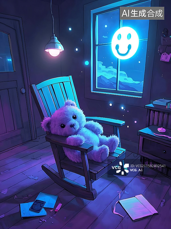 【AI数字艺术】夜晚的摇椅和泰迪熊图片素材