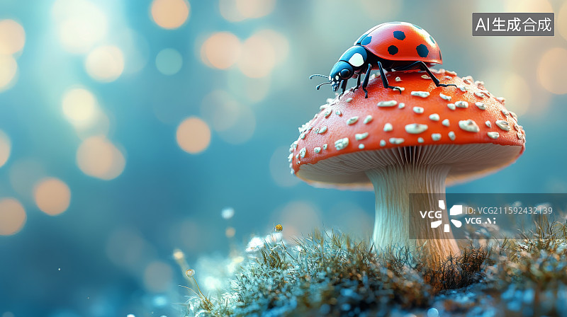 【AI数字艺术】瓢虫栖息于斑点蘑菇之上图片素材