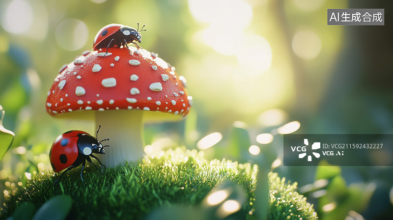 【AI数字艺术】红蘑菇上的瓢虫图片素材