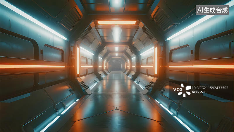 【AI数字艺术】未来科技飞船内部走廊图片素材