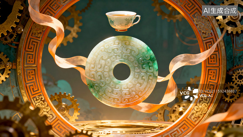 【AI数字艺术】玉璧茶杯国潮机械场景图片素材
