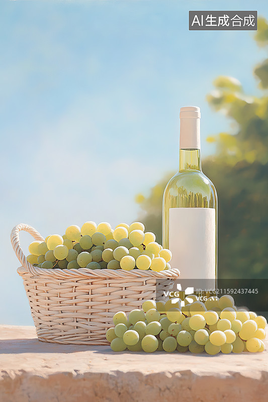 【AI数字艺术】葡萄酒庄园和白葡萄酒广告展示特写图片素材
