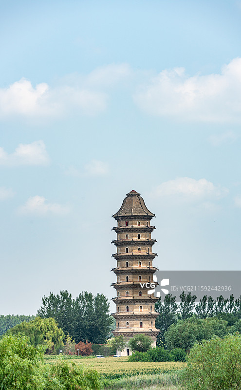 航拍视角高视角下蓝天白云背景下的山东聊城临清运河宝塔舍利宝塔建筑特写镜头图片素材