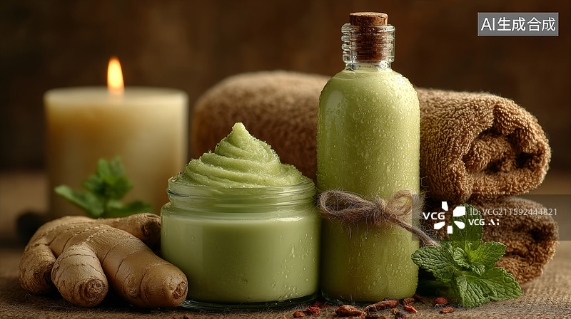 【AI数字艺术】绿色膏体和香氛瓶配以姜和薄荷图片素材