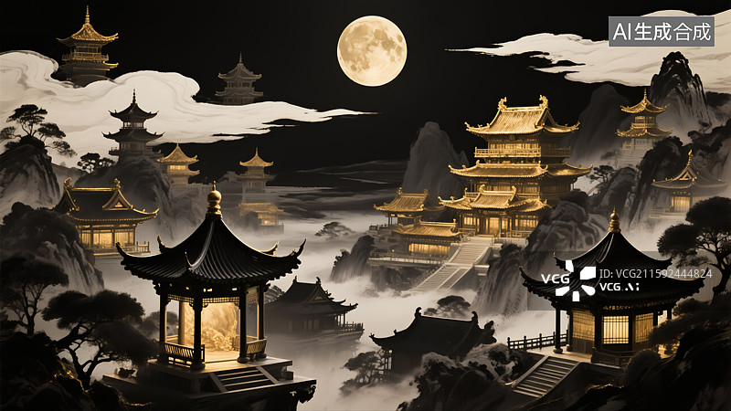 【AI数字艺术】古城月亮风景插画图片素材