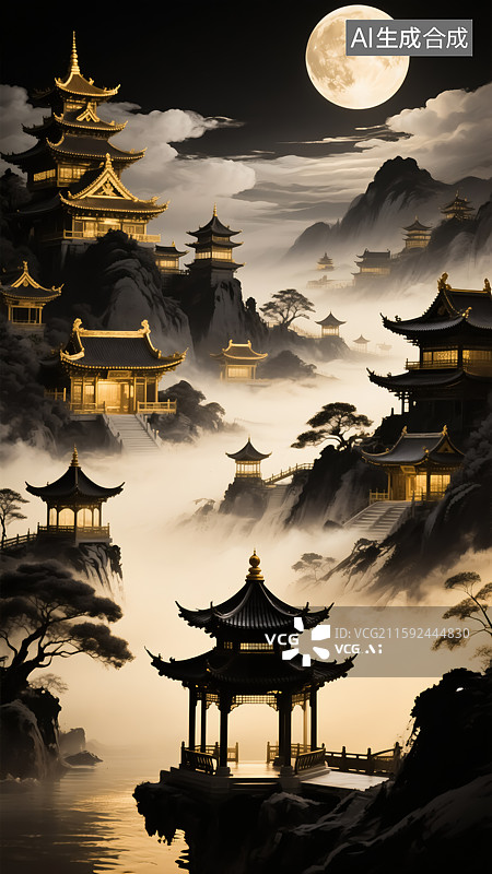 【AI数字艺术】古城月亮风景插画图片素材