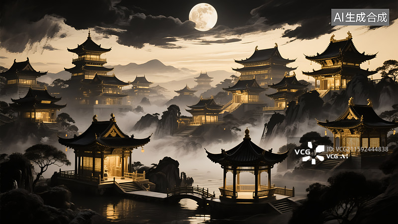 【AI数字艺术】古城月亮风景插画图片素材