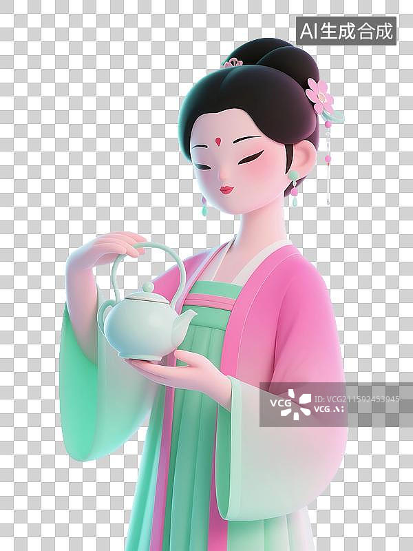 【AI数字艺术】3D渲染中国风人物插画，一个穿着古代服饰的女性正在泡茶，茶壶，传统服饰，茶文化，茶道，茶艺，免抠元素图片素材