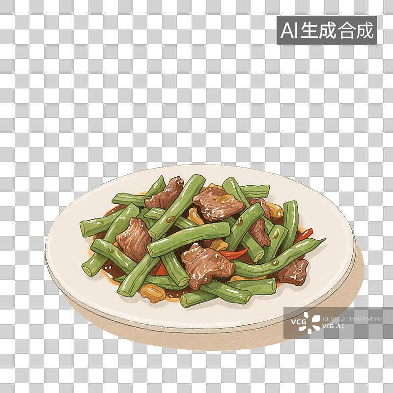 【AI数字艺术】手绘插画，家常菜，下饭菜，豆角炒肉，四季豆炒肉片，豇豆，猪肉，炒菜，免抠元素图片素材