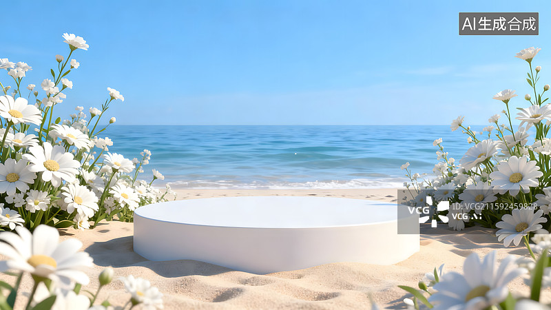 【AI数字艺术】梦幻清新蓝色海边花卉展台图片素材