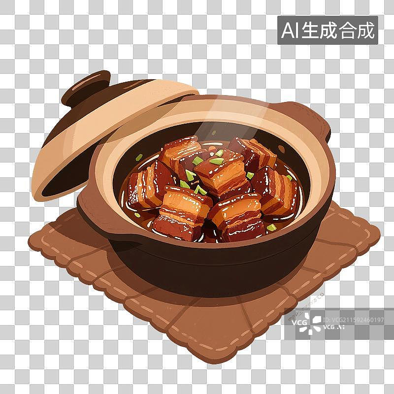 【AI数字艺术】手绘插画，家常菜，下饭菜，东坡肉，五花肉，红烧肉，猪肉，砂锅里的红烧肉，免抠元素图片素材
