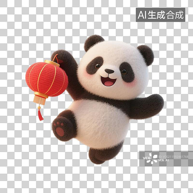 【AI数字艺术】3D渲染，拿着红色灯笼的可爱卡通大熊猫，熊猫，国宝，春节，新年，国庆节，中秋节，元宵节，免抠元素图片素材