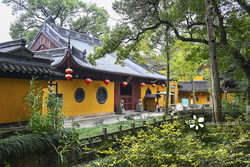 古树掩映下的杭州法镜寺山门图片素材