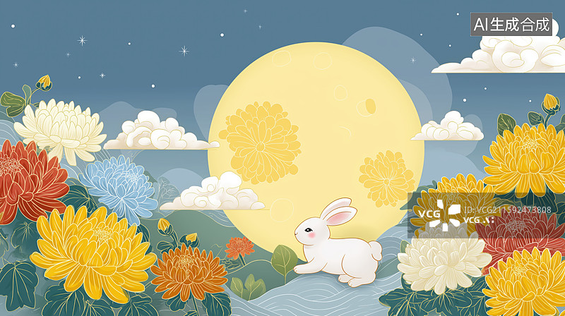 【AI数字艺术】月下兔与菊花图图片素材