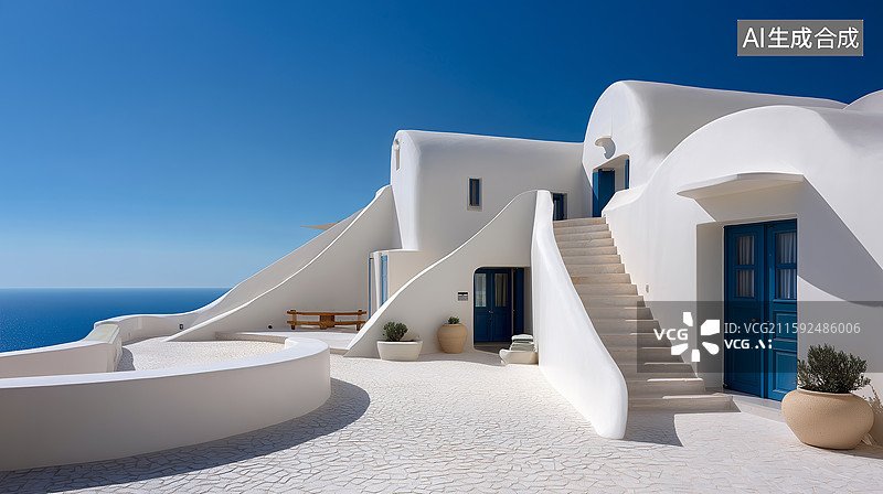 【AI数字艺术】地中海白墙蓝饰住宅图片素材