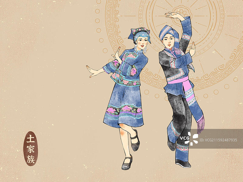 男女双人56民族，布依族藏族回族满族蒙古族维吾尔族彝族壮族图片素材