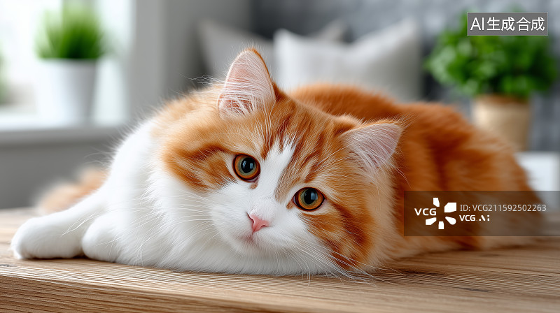 【AI数字艺术】猫咪悠闲地躺在木桌上图片素材