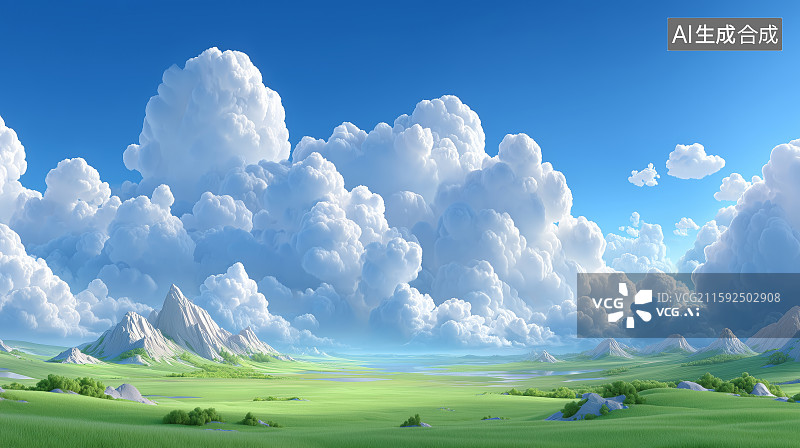 【AI数字艺术】绿野蓝天云山相映图片素材