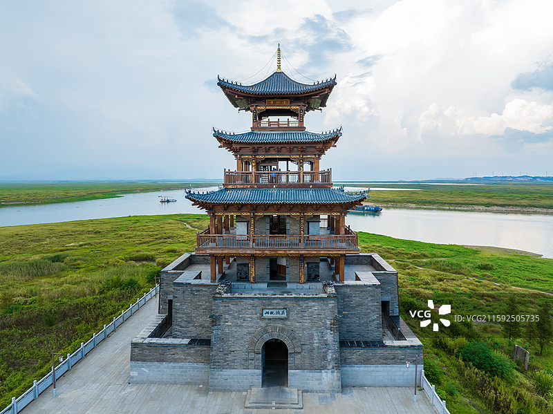 航拍江西省九江市潘阳湖风景区望湖亭图片素材
