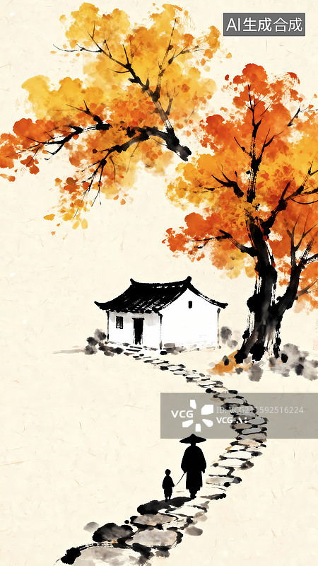 【AI数字艺术】秋天落叶田园村庄小路留白意境中国画图片素材