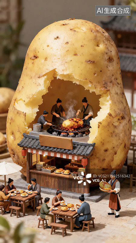 【AI数字艺术】古代建筑烤土豆马铃薯场景图片素材
