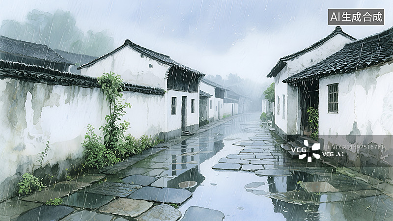 【AI数字艺术】烟雨朦胧的江南水乡小巷景象图片素材