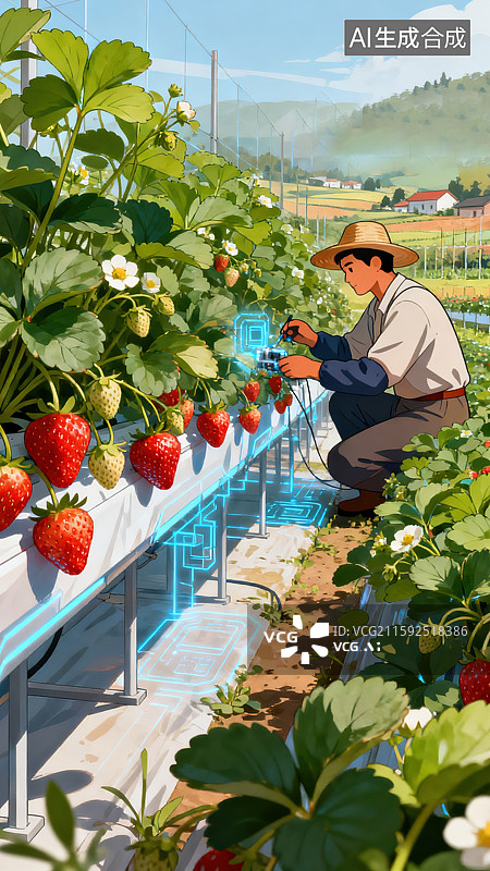 【AI数字艺术】AI+农业创意抽象农业科技插画展现草莓种植和乡村景观配现代栽培方法用于商业设计背景乡村振兴插画海报图片素材