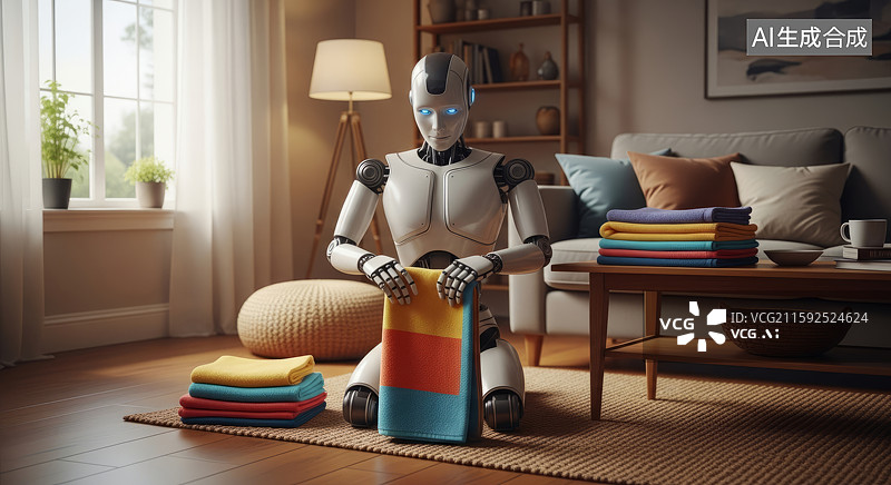 【AI数字艺术】智能机器人在客厅折叠衣物图片素材